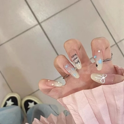 Handgefertigte Press On Nails Mandelform Lang Farbverlauf Rosa Mit Strass Schleife Stern Kunst Französischer Stil Slogan Elegant Damen