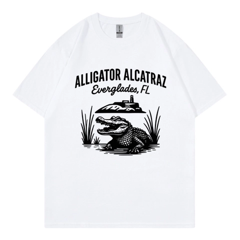 Herren T-Shirt Baumwolle Alligator Alcatraz Print Rundhalsausschnitt Kurzarm Vintage Casual Sommer Top