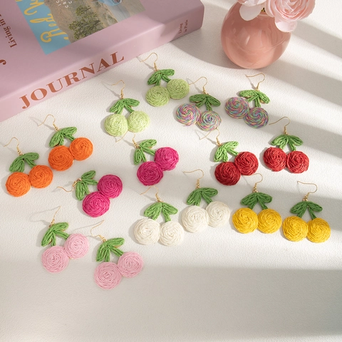 Pendientes Colgantes De Cereza De Rafia Tejidos A Mano Bohemios Dulces Frutas De Paja Para Mujer Vacaciones Playa