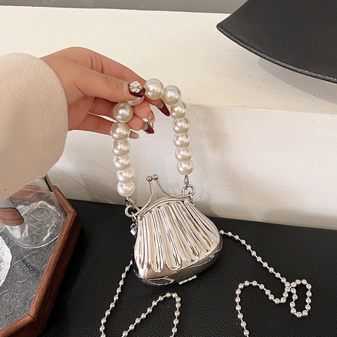 Mini Pochette En Métal En Forme De Coquillage Avec Poignée En Künstliche Perles Miroir Argent Sac À Main Soirée Femmes