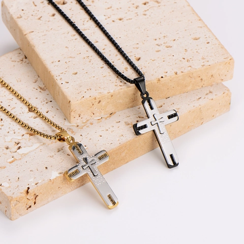 Collar Con Colgante De Cruz Acero Inoxidable 304 Bicolor Oro Plata Negro Religioso Joyería Hip Hop Mujeres Hombres