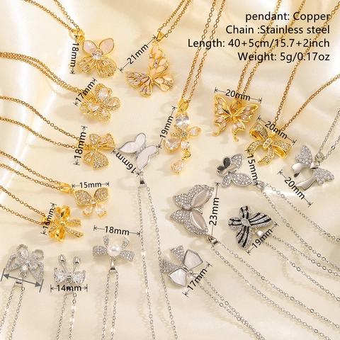 Collana Con Pendente A Fiocco Catena In Acciaio Inossidabile Zircone Perla Artificial Intarsiata Conchiglia Gioielli Donna