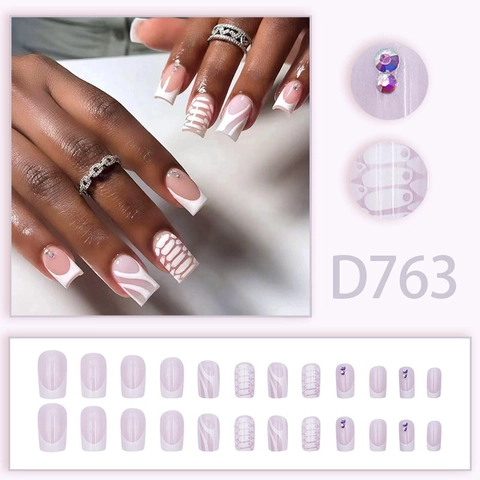 French Style White And Pink Press-On Nails With Rhinestone Decoration Artificial Fake Nails Long Square Shape Glossy Finish