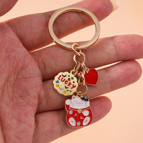 Portachiavi Creativo Gatto della Fortuna in Metallo Lega di Zinco Smalto Cuore Lucky Tag Pendente Borsa Regalo Donna Bambini