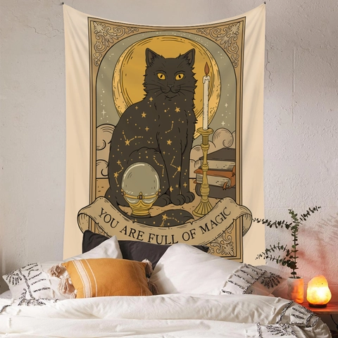 Tarot Karte Wandteppich Polyester Mystische Schwarze Katze Mondphasen Böhmische Ästhetik Dekoration Für Schlafzimmer Wohnzimmer