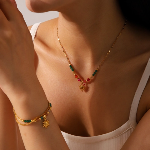 Stainless Steel Pendant Necklace For Women With Natural Stone Beads Sun Star Snake Heart MOM 18K Gold Plated Jewelry