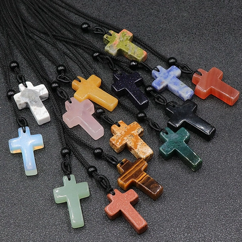 Cross Necklace Natural Gemstone Crystal Agate Stone Pendant Adjustable Black Woven Cord Religious Vintage Gift Men Women