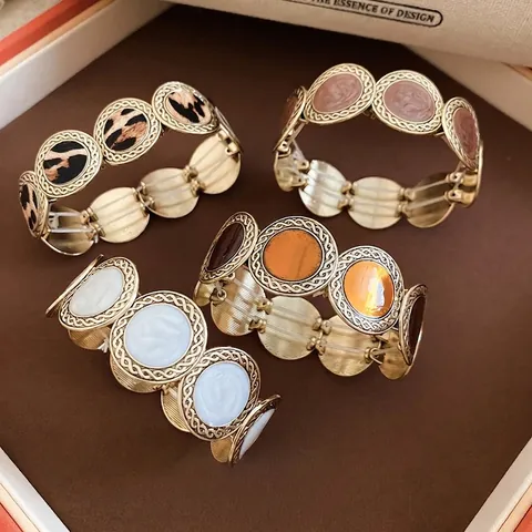 Bracciale Elastico Largo In Lega Vintage Con Stampa Leopardata E Inserti In Resina Marmorizzata Per Donna Gioielli Retrò
