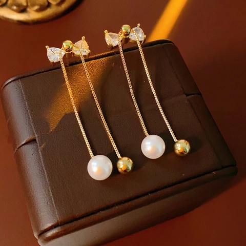 Pendientes Largos Con Lazo Y Borlas Bañados En Oro Circón Imitación Perla Artificial Con Poste De Plata Estilo Vintage Francés Elegante