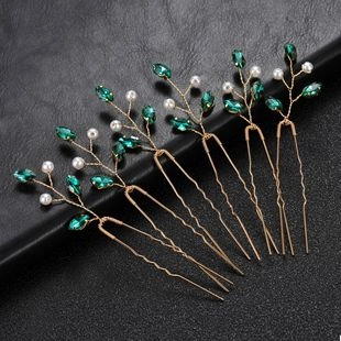 Bridal Wedding Hair Pins Alloy Rhinestone Imitation Artificial Pearl Branch Leaf U Shaped Hair Forks Elegant Hair Jewelry For Women