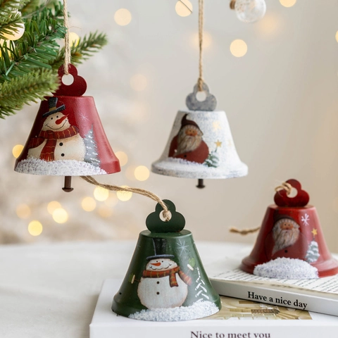 Campanelle Di Natale Da Appendere In Metallo Dipinte Babbo Natale Pupazzo Di Neve Ornamenti Decorazione Retro Con Corda Di Canapa