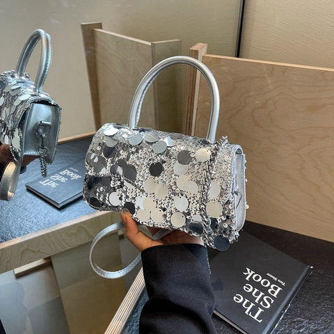 Sequin Small Square Handbag With Chain Strap And Metal Handle Fashion Women Crossbody Bag Evening Party Accessory