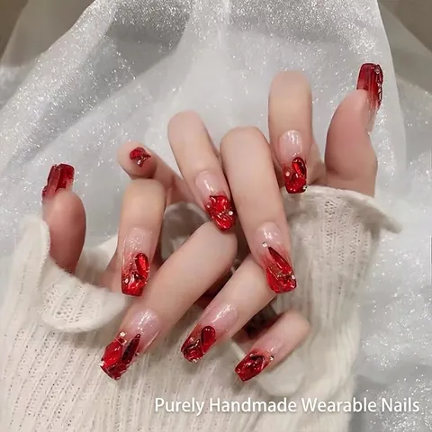 Luxus Handgefertigte Aufdrücknägel Roter Farbverlauf 3D Strass Dekorative Nagelspitzen Für Hochzeit Party Braut Damen