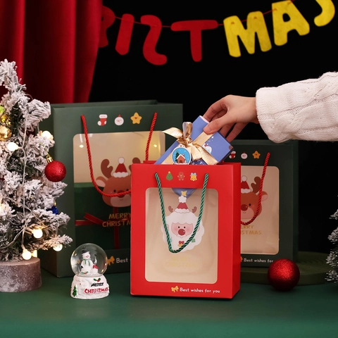 Christmas Gift Bags With Transparent Window Handheld Paper Packaging Bag Cartoon Santa Reindeer Pattern For Holiday Gift