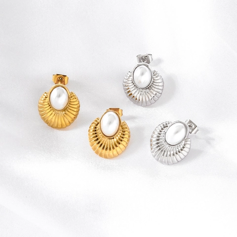 Pendientes De Botón Con Concha Vintage Acero Inoxidable 316 Bañado En Oro De 18K Perla Artificial De Imitación Ovalada Mujer