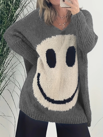Oversized Gebreide Trui Voor Dames Smile Face Grafisch Contrastkleur V Hals Losse Pullover Lange Mouwen Mode