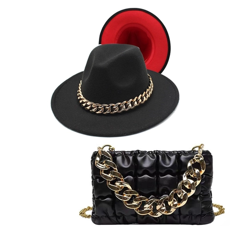 British Style Wool Felt Fedora Hat And Quilted PU Leather Handbag With Gold Chunky Chain Decor Retro Fashion For Women