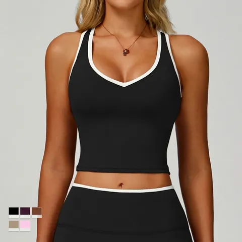 Dames Sport Tanktop Contrast Bies Holle Rug V-Hals Nylon Spandex Activewear Yoga Gym Fitness Hardlopen Workout