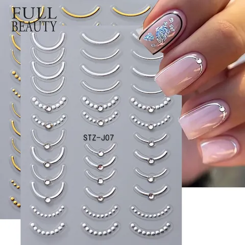 Pegatinas De Arte De Uñas En Relieve Líneas Curvas Francesas Metálicas Diamantes De Imitación Perla Artificial Decoración DIY