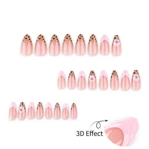 French Leopard Print Press On Nails Mandelform Rosa Nude 3D Blumendesign Geprägte Modische Elegante Maniküre Für Frauen