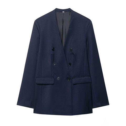 Dames Double Breasted Kraagloze Blazer En Rechte Broek Zakelijk Casual Marineblauw Polyester Herfst Mode