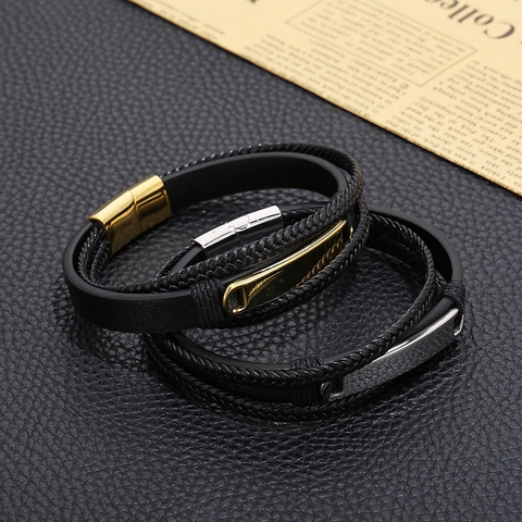 Bracciale Da Uomo In Pelle Multistrato Intrecciato Acciaio Inossidabile Piastra Curva Chiusura Magnetica Gioielli Moda Regalo