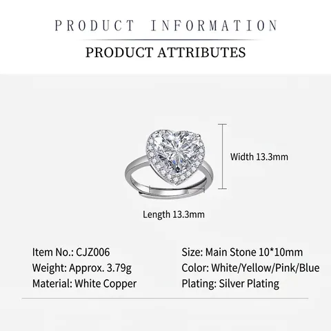 Heart Shaped Zircon Ring For Women Adjustable Copper Ring Colorful Halo Gemstone Wedding Jewelry Fashion Vintage