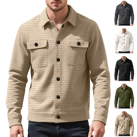Giacca Camicia In Maglia A Nido D Ape Da Uomo Manica Lunga Colletto Rovesciato Abbottonato Shacket Casual Con Tasche Sul Petto