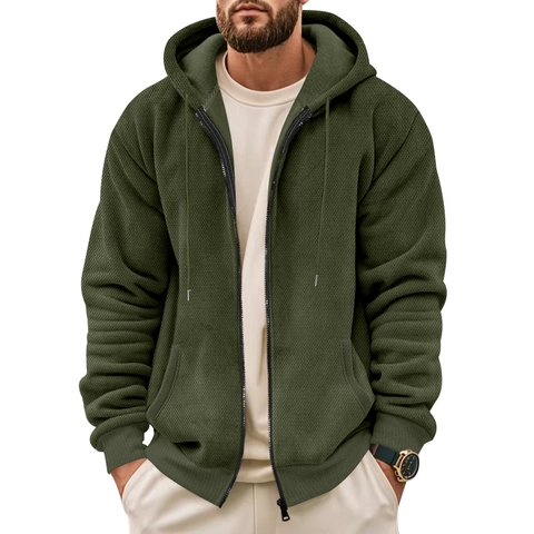 Herren Zip Hoodie Waffelstrick Langarm Sweatshirt Mit Taschen Kordelzug Lässige Einfarbige Jacke