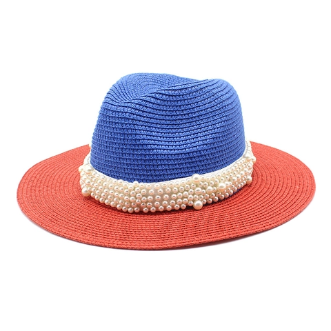 Strohhut Fedora Patchwork Kontrastfarbe Künstliche Perlenband Breite Krempe Sonnenschutz Sommer Strandurlaub Damen