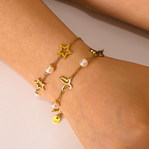 Bracciale In Acciaio Inossidabile Donna Placcato Oro 18K Farfalla Stella Cuore Perla Artificial D'Imitazione Gioielli Eleganti