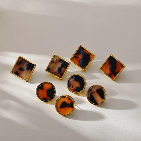 Vintage Geometric Tortoiseshell Stainless Steel Stud Earrings For Women Retro Leopard Print Gold Tone Square Round Fashion Earrings Jewelry Gift