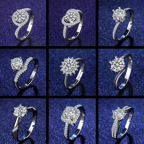 Adjustable Ring White Copper Plated Zircon Classic Six Prong Crown Flower Halo Wedding Engagement Elegant Jewelry Gift