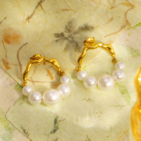 Stainless Steel Hoop Earrings With Graduated Artificial Pearls 18K Gold Plated Irregular Geometric Waterproof Jewelry For Women