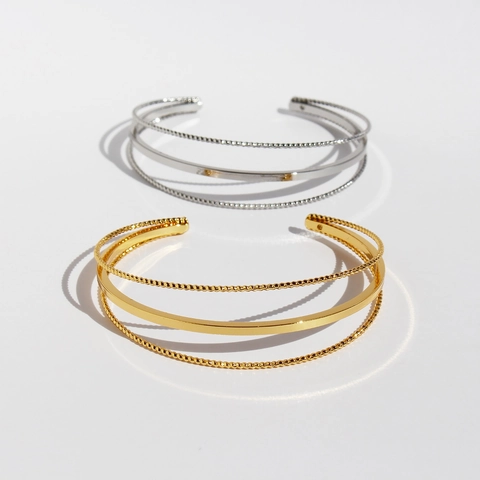 Minimalist Geometric Three-Layer Open Cuff Bracelet For Women Gold Silver Plated Copper Twist Textured Layered Bangle Jewelry