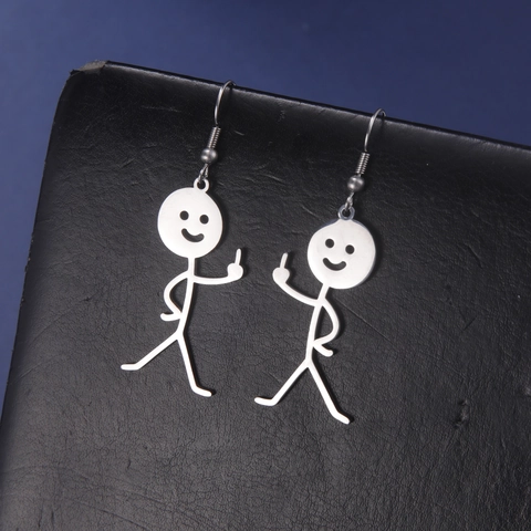 Divertenti Orecchini a Pendente Stickman Dito Medio Faccina Sorridente in Acciaio Inossidabile Gioielli Stravaganti Donna