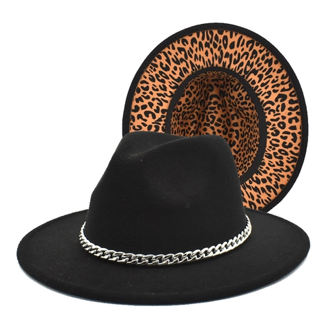 Cappello Fedora In Lana Vintage Con Catena In Metallo Argentato E Fodera Leopardata Tesa Larga Stile Britannico Uomo Donna