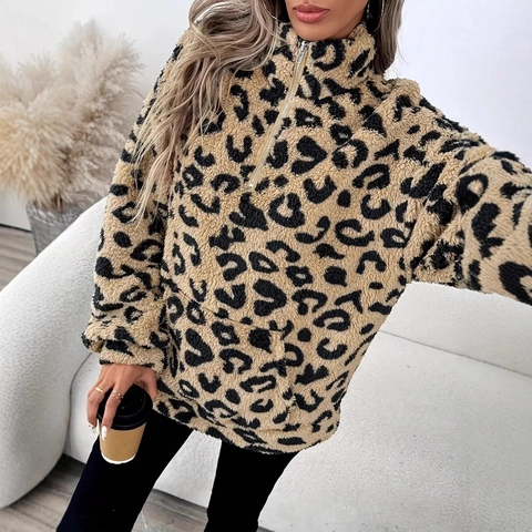 Sudadera De Mujer Con Estampado De Leopardo Forro Polar Sherpa Media Cremallera Cuello Alzado Jersey Informal Con Bolsillo