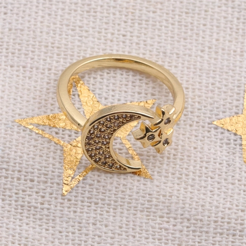 Mode Mond Stern Offener Ring Kupfer Zirkon Verstellbarer Minimalistischer Schmuck Für Frauen Täglich Stilvoll