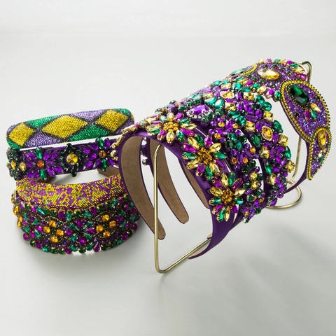 Baroque Mardi Gras Rhinestone Padded Headband For Women Purple Green Gold Pave Crystal Carnival Party Hair Accessories