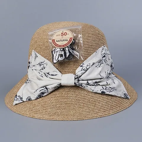 Women Elegant Paper Straw Bucket Hat Wide Brim Foldable UPF 50 Plus Sun Protection Summer Holiday Hat With Bow