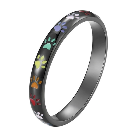 Pootafdruk Ring Regenboog Kleurrijk Emaille Koper Zirkoon Band Schattige Dierlijke Voetafdruk Sieraden Voor Vrouwen Trend