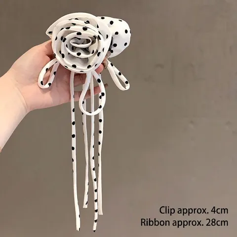 Pinza Para El Pelo Flor De Rosa Tela Lunares Cintas Largas Borla Elegante Accesorio De Cabello Retro Francés