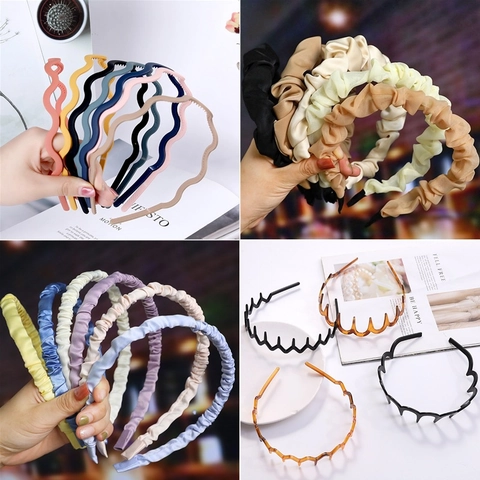 Women Headbands Wave Zigzag Non-Slip Teeth Plastic Resin Satin Pleated Faux Fur Solid Color Fashion Hair Accessories