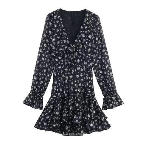 Floral Print Mini Dress Women Deep V Neck Long Ruffle Sleeve Tiered Hem Polyester Elegant Retro Style