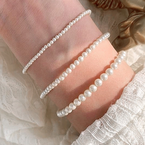 Imitation Artificial Pearl Bracelet Round Beads Elastic Cord French Retro Style Light Luxury Fashion Jewelry Women Daily Versatile