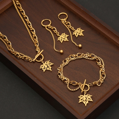Bijoux Feuille Erable Collier Bracelet Boucles Oreilles Femmes Acier Inoxydable Plaque Or Double Couche Fermoir Toggle