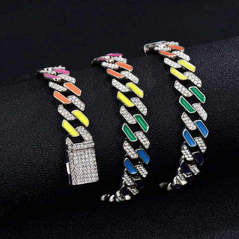 Hip Hop Cuban Link Necklace And Bracelet Zinc Alloy Rhinestone Enamel Colorful Rainbow Iced Out Jewelry Unisex Fashion Trend