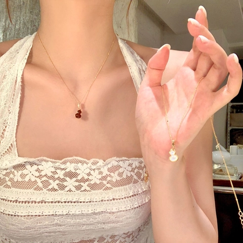 Gourd Pendant Necklace Gold Plated Copper Alloy With Red Agate White Mother Of Artificial Pearl Zircon Minimalist Elegant For Women