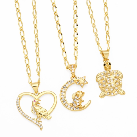 Collana con Pendente Cuore Uccello Tartaruga Coniglio Luna Carino Zirconia Intarsiata Rame Placcato Oro per Donna Gioielli Regalo
